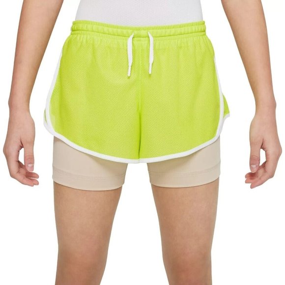 NIKE Atomic Green DRI-FIT TEMPO 2-IN-1 TRAINING/RUNNING‎ SHORTS GIRLS SMALL - Picture 1 of 2